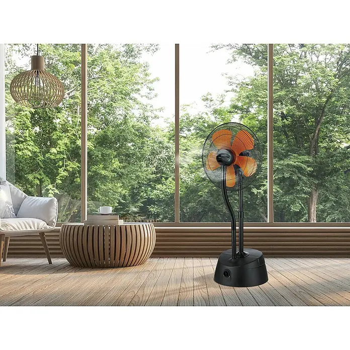 Purline Misty Ventilador de pie 10 - Altura: 128 cm - Este ventilador de pie negro con aspas naranjas proporciona una brisa agradable en cualquier habitación. Perfecto para los días calurosos.