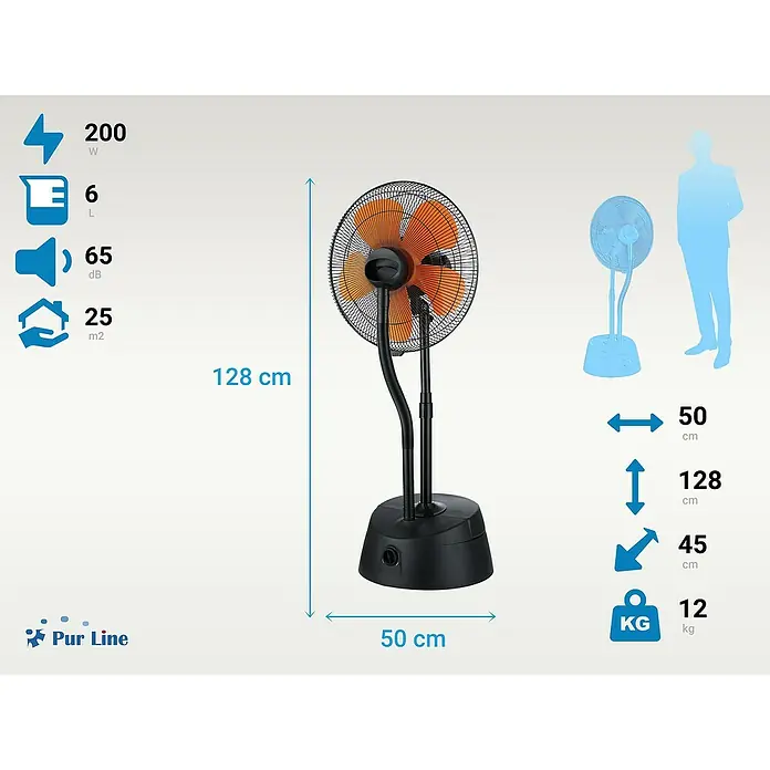 Purline Misty Ventilador de pie 10 - Altura: 128 cm - Imagen de un ventilador de pie nebulizador Pur Line con las dimensiones y los datos técnicos representados.