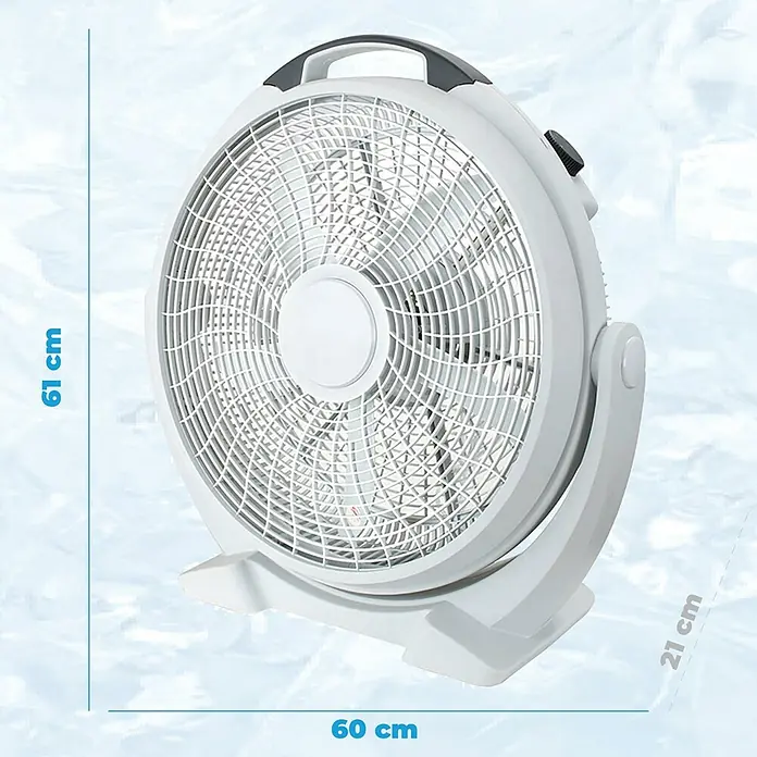 Purline Venty Ventilador de suelo industrial 110 - 100 W, Blanco, 60 cm - La imagen muestra un ventilador portátil, redondo, blanco con dimensiones 61x60x21 cm, perfecto para el hogar o la oficina.