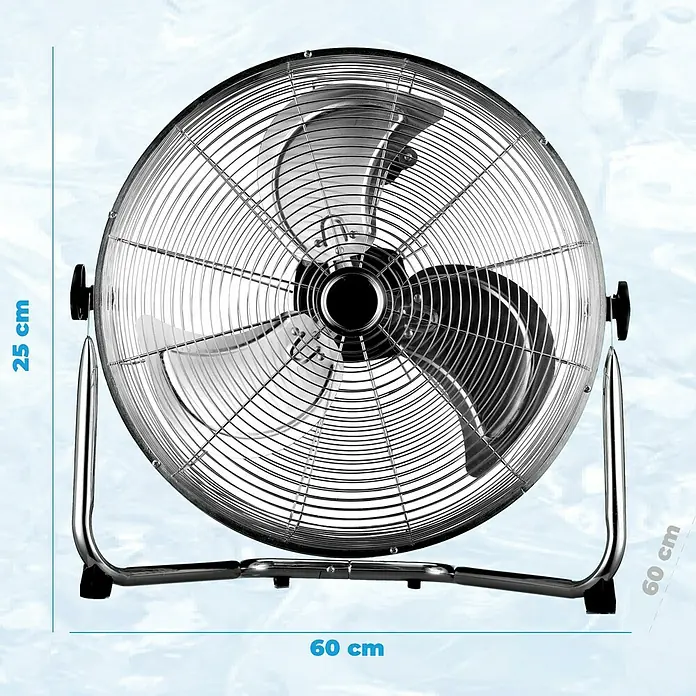 Purline Venty Ventilador de suelo industrial 120 - 120 W, Plateado, 60 cm - Una imagen detallada de un ventilador de suelo plateado con sus dimensiones, 60 cm de ancho y 25 cm de alto.