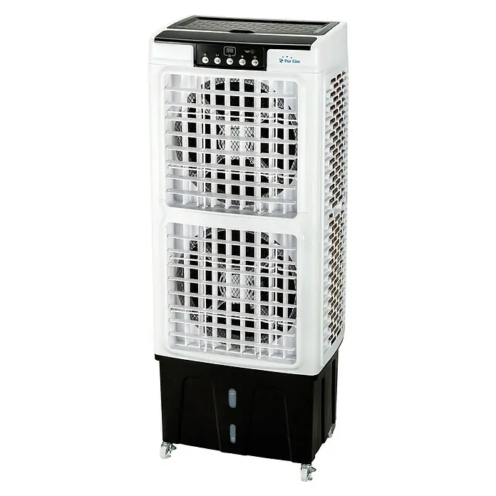 Purline Rafy Aire acondicionado portátil 220 - 220 W, Blanco/Negro - Aquí hay una imagen de un enfriador de aire por evaporación Purline, equipado con ventiladores dobles y un panel de control digital.