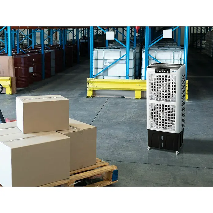 Purline Rafy Aire acondicionado portátil 220 - 220 W, Blanco/Negro - Un primer plano de un enfriador portátil en un entorno de almacén, diseñado para una refrigeración eficaz y comodidad en grandes espacios.