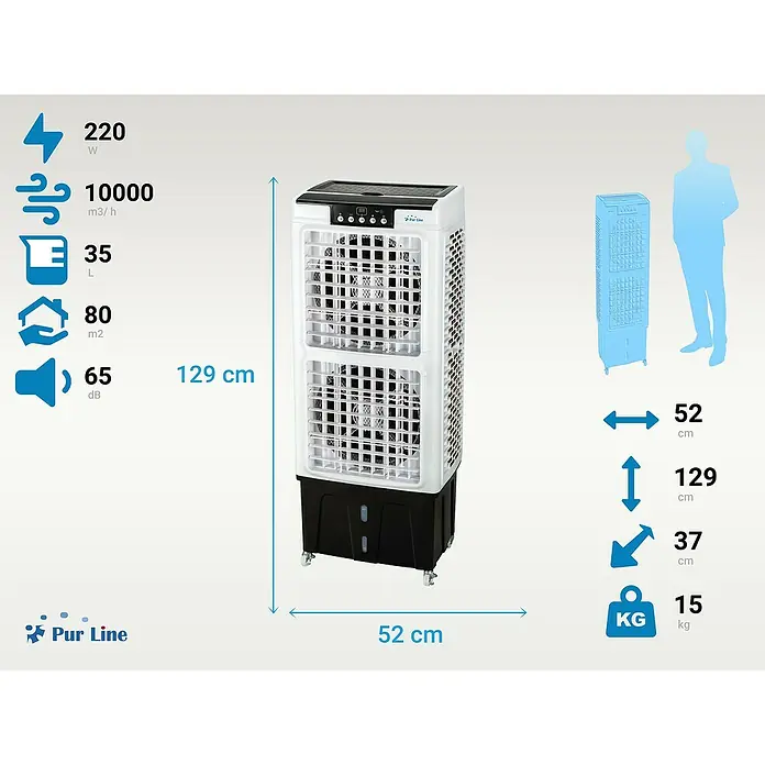 Purline Rafy Aire acondicionado portátil 220 - 220 W, Blanco/Negro - Imagen de un enfriador de aire con especificaciones técnicas como potencia, flujo de aire, volumen del tanque y dimensiones.