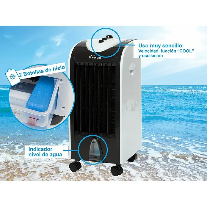 Purline Rafy Climatizador evaporativo 51 - Blanco/Negro, Altura: 58 cm, 75 W - Ilustración de un enfriador de aire móvil Pur Line con varios elementos funcionales sobre un fondo de playa.