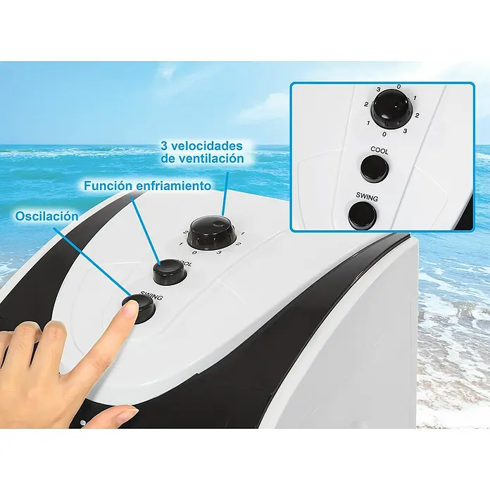 Purline Rafy Climatizador evaporativo 51 - Blanco/Negro, Altura: 58 cm, 75 W - Primer plano de un enfriador portátil blanco con varias configuraciones y un botón para controlar la velocidad del ventilador.