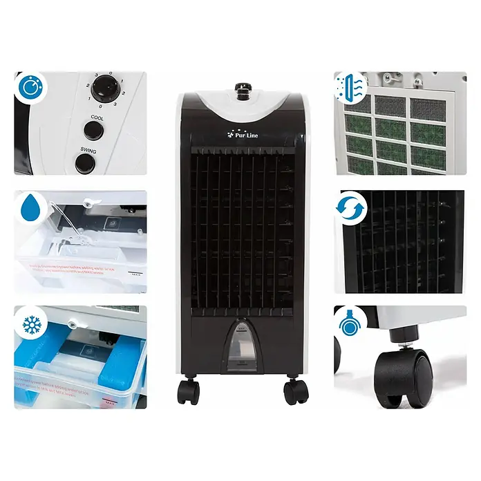 Purline Rafy Climatizador evaporativo 51 - Blanco/Negro, Altura: 58 cm, 75 W - Primer plano de un enfriador de aire portátil Pur Line, mostrando sus diversas características y detalles.