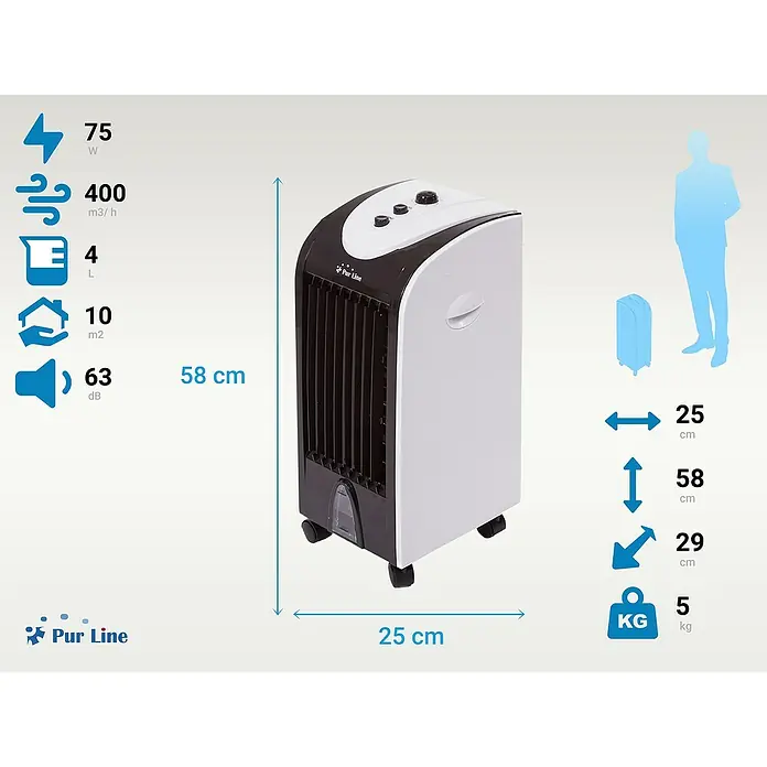 Purline Rafy Climatizador evaporativo 51 - Blanco/Negro, Altura: 58 cm, 75 W - Imagen de un enfriador de aire portátil Pur Line con datos técnicos, incluyendo potencia, flujo de aire, volumen del tanque y dimensiones.