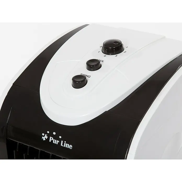 Purline Rafy Climatizador evaporativo 51 - Blanco/Negro, Altura: 58 cm, 75 W - Primer plano de un ventilador de torre Pur Line con mandos de velocidad, refrigeración y oscilación en blanco y negro.
