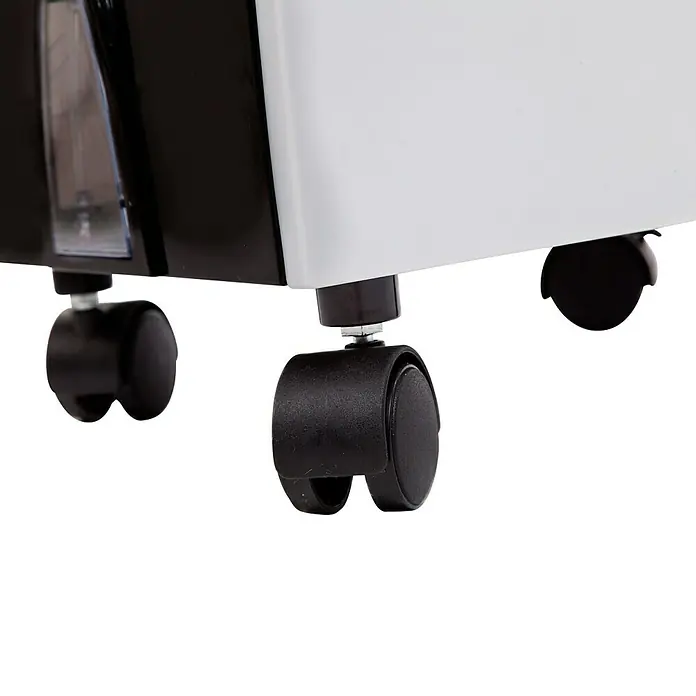 Purline Rafy Climatizador evaporativo 51 - Blanco/Negro, Altura: 58 cm, 75 W - Primer plano de tres ruedas negras debajo de un electrodoméstico portátil blanco y negro. Práctico para facilitar el transporte.