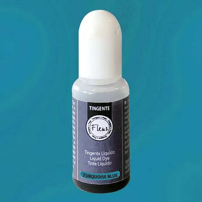 Fleur Colorante líquido para resina - Azul turquesa, 10 ml - Un frasco de tinte líquido Fleur en azul turquesa, ideal para teñir diversos materiales y superficies para proyectos creativos.
