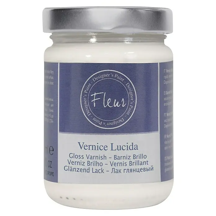 Fleur Barniz - Transparente brillante, 130 ml - Tarro de Fleur Vernice Lucida Barniz Brillo, un barniz de alta calidad para pintura de diseño y acabados superficiales.