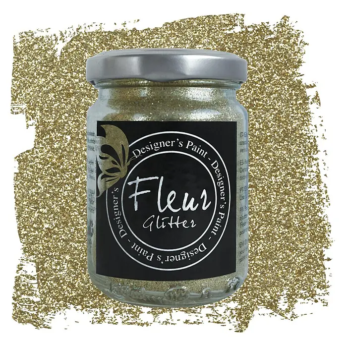 Fleur Purpurina Glitter - Dorado, 90 g, Brillante - Un tarro de purpurina dorada Fleur Designer's Paint, ideal para proyectos creativos y para añadir un efecto brillante a las superficies.