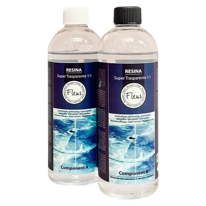 Fleur Resina epoxi Super Transparente - 950 ml, Transparente - Dos botellas de resina Fleur Super Trasparente 1:1, componentes A y B, para proyectos de arte en resina cristalina con autonivelación y resistencia a los arañazos.