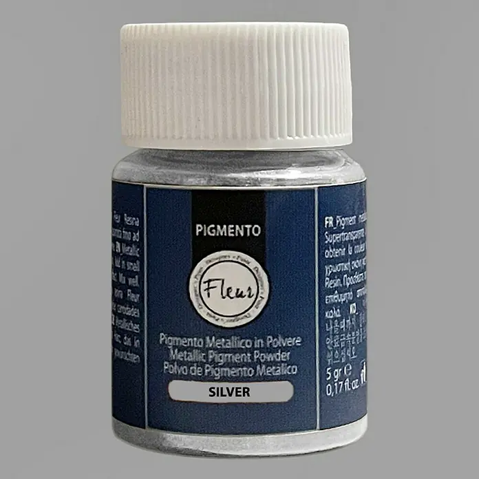 Fleur Pigmento concentrado Polvo metálico - Plateado, 5 g - Bote de Fleur Pigmento Metallic Pigment Powder en plata, ideal para añadir efectos metálicos a proyectos creativos.