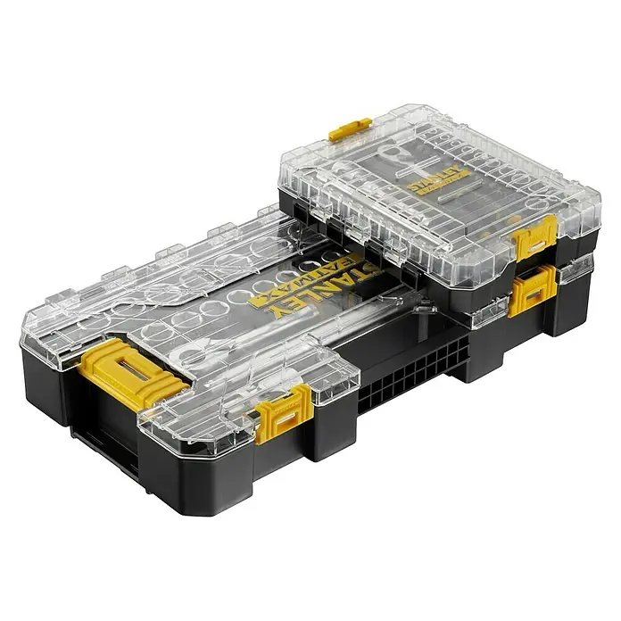Stanley FatMax Set de llaves de vaso FMMT98103-1 - 26 pzs., Tamaño de accionamiento: ½″ - Organizador Stanley Fatmax con tapa transparente y cierres amarillos, ideal para guardar piezas pequeñas.