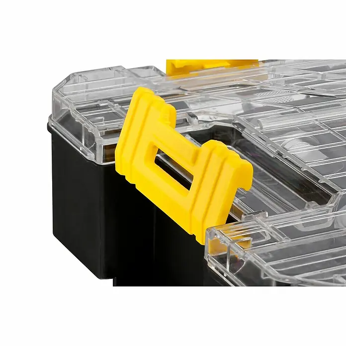 Stanley FatMax Set de llaves de vaso FMMT98103-1 - 26 pzs., Tamaño de accionamiento: ½″ - Primer plano de una caja de herramientas negra con tapa transparente y cierre amarillo. El organizador perfecto para taller y hobby.