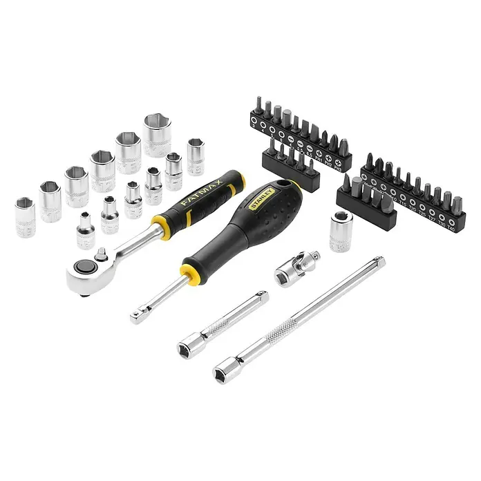 Stanley FatMax Set de llaves de vaso FMMT98101-0 - 48 pzs., Tamaño de accionamiento: ¼″ - Un juego de herramientas completo con vasos, destornilladores y puntas, ideal para reparaciones y proyectos.