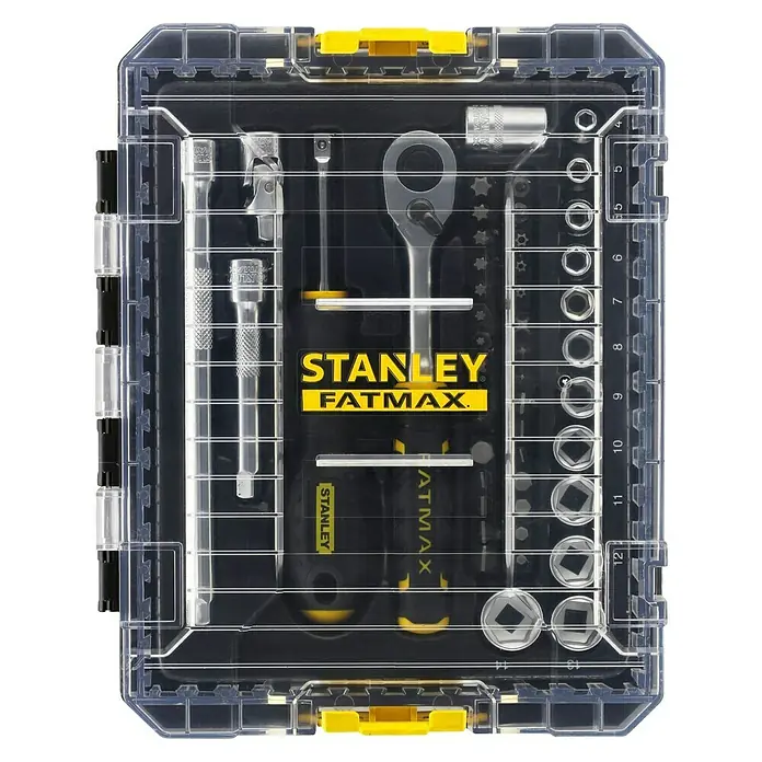 Stanley FatMax Set de llaves de vaso FMMT98101-0 - 48 pzs., Tamaño de accionamiento: ¼″ - Juego de vasos Stanley FATMAX en estuche transparente con detalles amarillos.