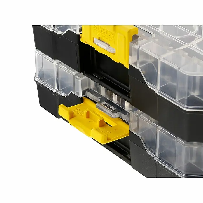 Stanley FatMax Set de llaves de vaso FMMT98101-0 - 48 pzs., Tamaño de accionamiento: ¼″ - Primer plano de un organizador Stanley Fatmax con cierres amarillos y compartimentos transparentes para piezas pequeñas.