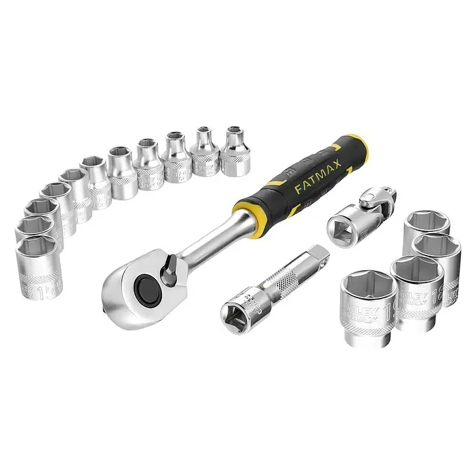 Stanley FatMax Set de llaves de vaso FMMT98102-0 - 18 pzs., Tamaño de accionamiento: ⅜″ - Juego de vasos FATMAX con carraca, extensión y varios vasos para trabajos de atornillado versátiles.