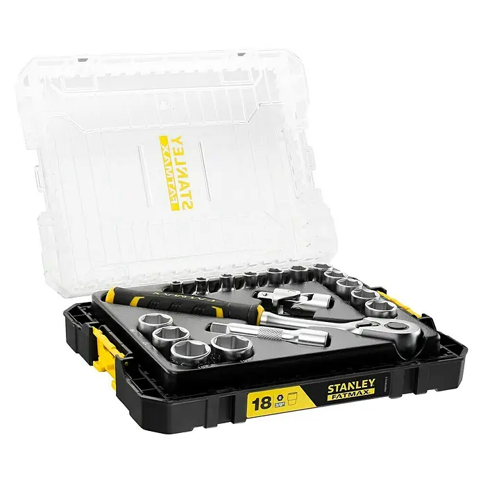 Stanley FatMax Set de llaves de vaso FMMT98102-0 - 18 pzs., Tamaño de accionamiento: ⅜″ - Juego de llaves de vaso Stanley Fatmax de 18 piezas en estuche transparente negro con detalles amarillos para aficionados y profesionales.