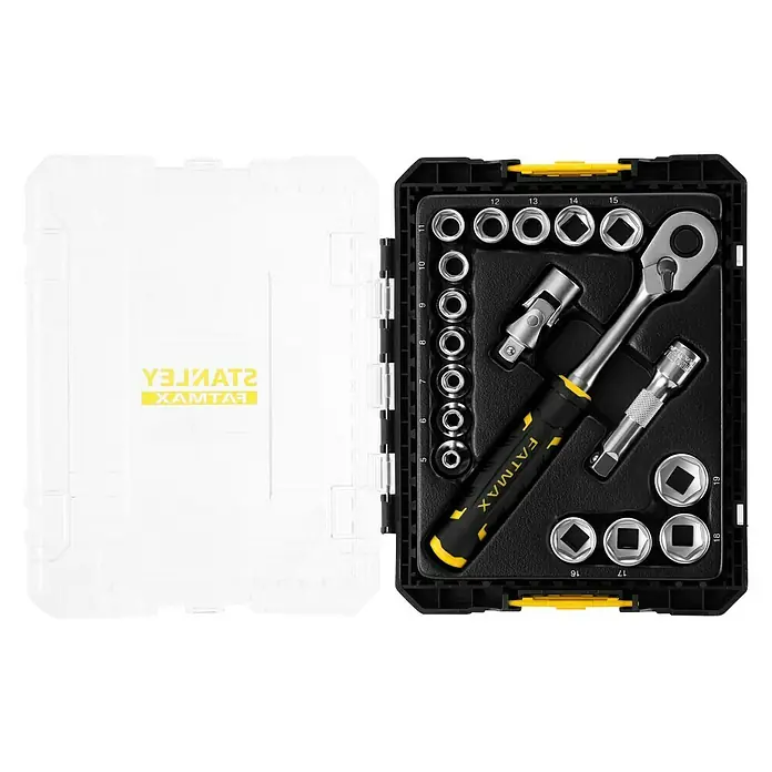 Stanley FatMax Set de llaves de vaso FMMT98102-0 - 18 pzs., Tamaño de accionamiento: ⅜″ - Juego de vasos Stanley Fatmax con carraca y varios accesorios, ordenados en una caja negra con tapa transparente.