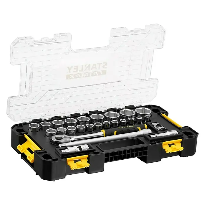 Stanley FatMax Set de llaves de vaso FMMT98103-1 - 26 pzs., Tamaño de accionamiento: ½″ - Juego de vasos Stanley Fatmax con llave de carraca, extensiones y varios bits, ideal para reparaciones y trabajos de mantenimiento.