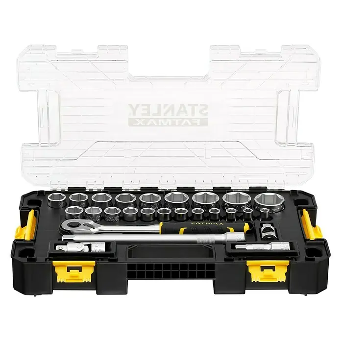 Stanley FatMax Set de llaves de vaso FMMT98103-1 - 26 pzs., Tamaño de accionamiento: ½″ - Caja de juego de vasos Stanley FATMAX abierta con una variedad de vasos, carraca y extensiones, perfectamente ordenada en una caja negra.