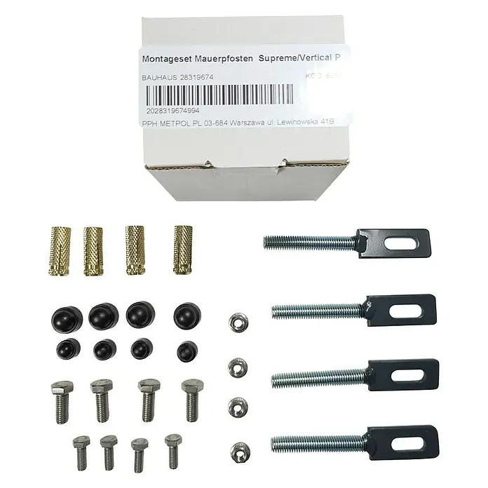Metpol Montage-Set - Passend für: Metpol Zaunelement Supreme & Vertical - Montageset für Mauerpfosten Supreme/Vertical P mit Schrauben, Dübeln und Abdeckkappen in einer weißen Verpackung.