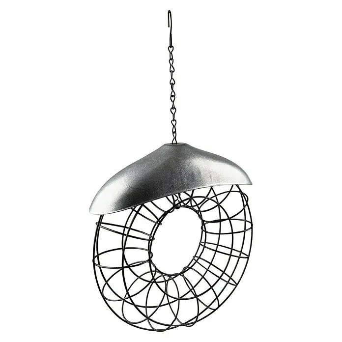 Windhager Meisenknödelhalter - Metall - Nahaufnahme eines hängenden Vogelfutterspenders aus Metall mit Kettenaufhängung und einem kugelförmigen Käfig für Vogelfutter.