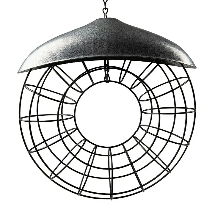 Windhager Meisenknödelhalter - Metall - Hängender Vogelfutterspender mit silbernem Dach und runder Gitterstruktur, ideal für die Vogelfütterung im Garten oder auf dem Balkon.