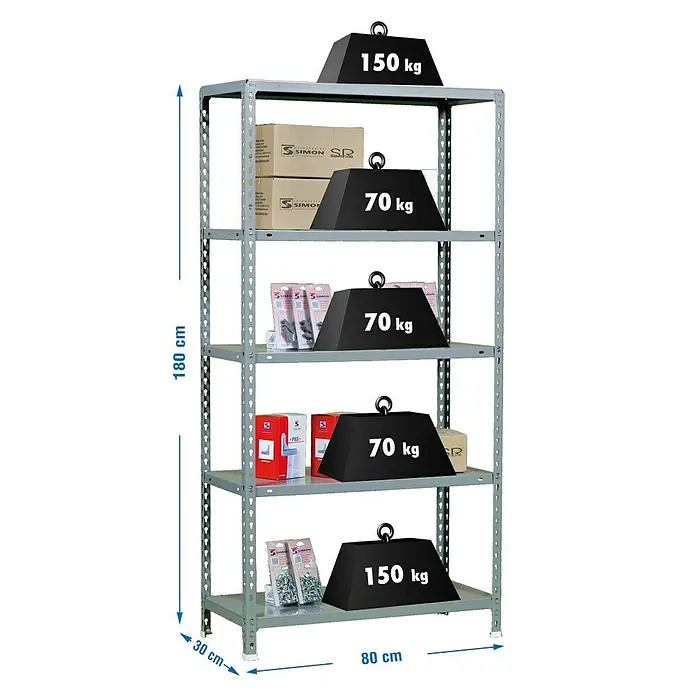 Simonrack Simonclick Metallregal Ecoclick Mini - H x B x T: 180 x 80 x 30 cm, Traglast pro Boden: 70 kg, Anzahl Böden: 5 Stk., Stecken, Grau - Abbildung eines Schwerlastregals mit fünf Ebenen, befüllt mit verschiedenen Waren und Gewichtsangaben.