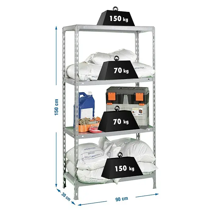 Simonrack Simonclick Estantería metálica Ecoclick - Al x An x Pr: 150 x 90 x 30 cm, Capacidad de carga por balda: 70 kg, Número de baldas: 3 ud., Inserción, Galvanizado - Un estante gris de alta resistencia con cuatro niveles, cargado con varios artículos y pesos.