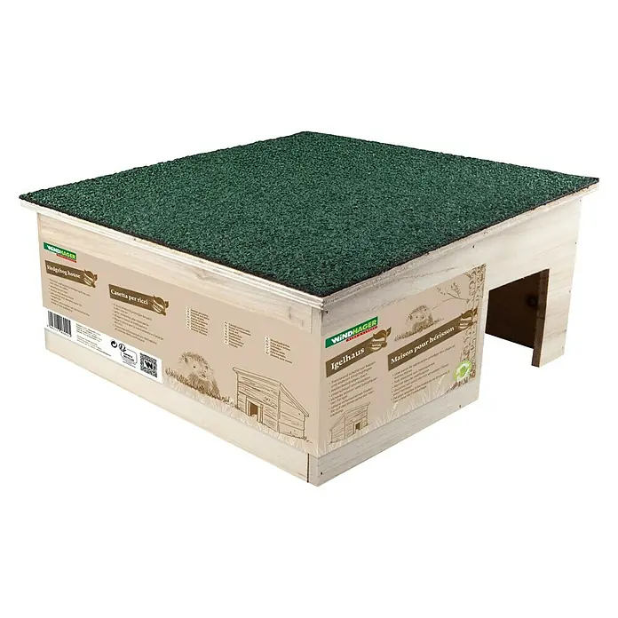 Windhager Igelhaus - L x B x H: 38 x 38 x 18 cm - Igelhaus aus Holz mit grünem Dach, ideal für den Garten. Bietet Schutz und Unterschlupf für Igel.