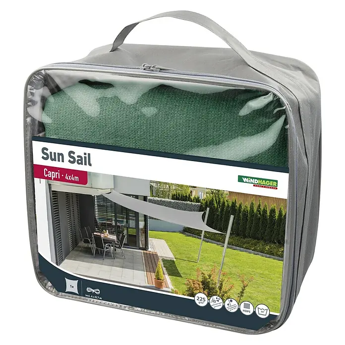 Windhager Sonnensegel Capri - L x B: 4 x 4 m, Quadratisch, Olive - Verpackte Windhager Capri Sonnensegel 4x4m, ideal für den Garten, mit UV-Schutz und einfacher Montage.