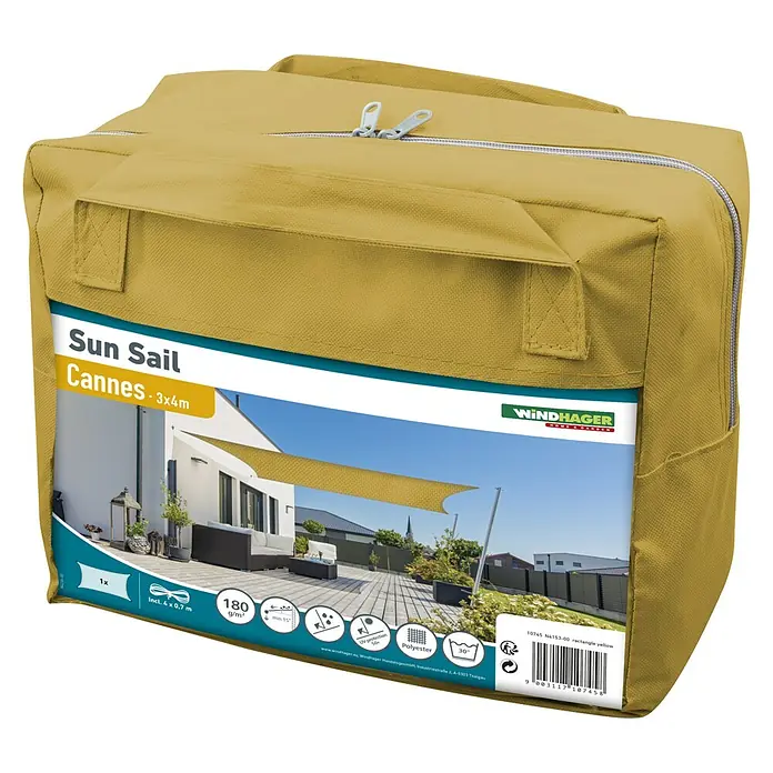 Windhager Sonnensegel - Gelb, B x L: 4 x 3 m - Bild eines verpackten gelben Windhager Sonnensegels Cannes 3x4m, ideal für den Sonnenschutz im Garten oder auf der Terrasse.