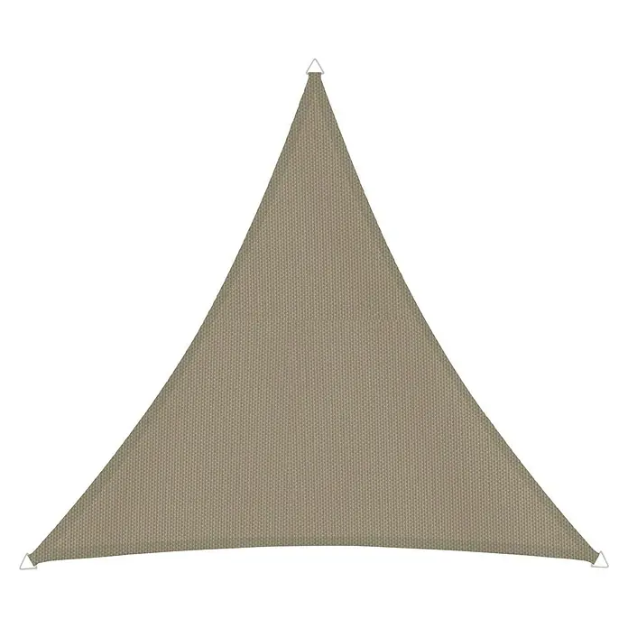 Windhager Sonnensegel Cannes - L x B: 4 x 4 m, Taupe, Dreieckig - Dreieckiges Sonnensegel aus beigem Stoff mit weißen Befestigungspunkten für den Außenbereich.