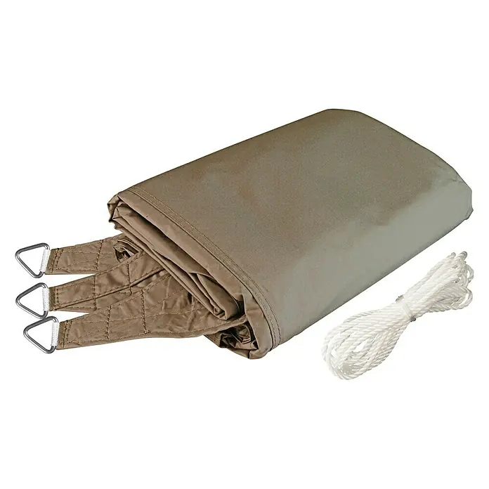 Windhager Sonnensegel Cannes - L x B: 4 x 4 m, Taupe, Dreieckig - Ein beigefarbenes Sonnensegel-Set, bestehend aus Segel, Befestigungsgurten mit Karabinern und einem weißen Seil, ideal für den Sonnenschutz.