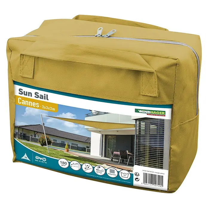 Windhager Sonnensegel Cannes - L x B: 3 x 3 m, Gelb, Dreieckig - Verpackung eines Windhager Sonnensegels Cannes in dreieckiger Form, 3x3x3m, gelb. Ideal für Sonnenschutz im Garten oder auf der Terrasse.