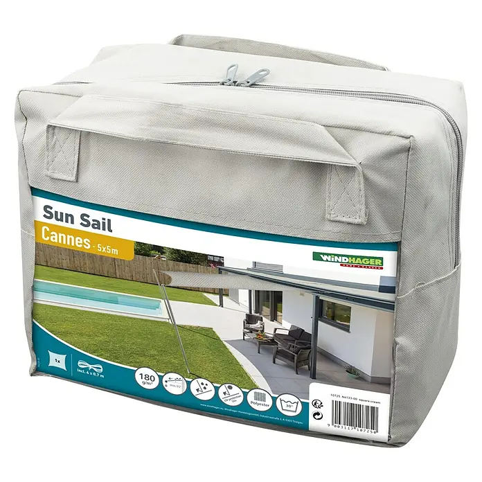 Windhager Sonnensegel - Grau, B x L: 5 x 5 m - Verpackung für ein Windhager Sonnensegel "Cannes" mit den Maßen 5x5m, ideal für den Sonnenschutz im Garten.