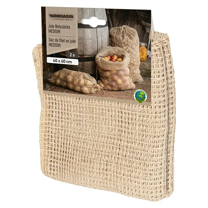 Windhager Netzsack Öko - B x H: 40 x 60 cm, Jute, 2 Stk. - Abbildung von zwei mittelgroßen Jute-Netzsäcken der Marke Windhager, ideal für die Aufbewahrung von Obst und Gemüse.