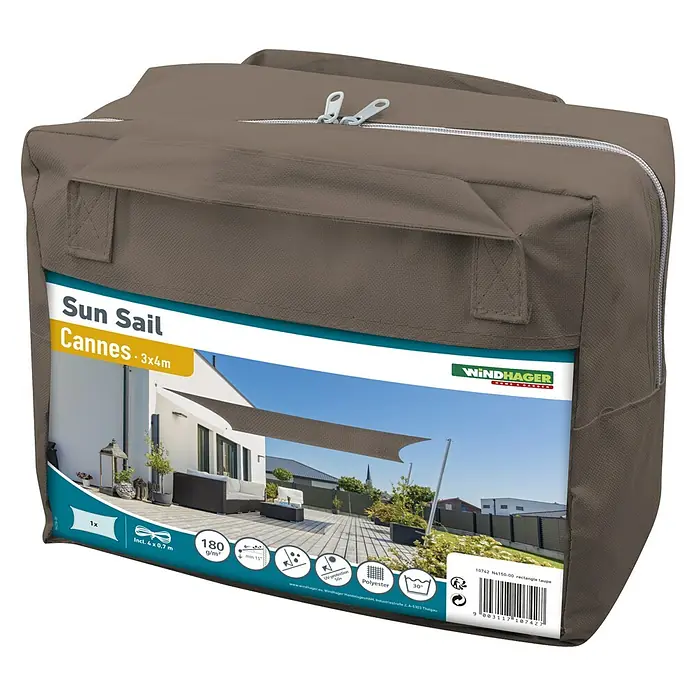 Windhager Sonnensegel - Taupe, B x L: 4 x 3 m - Verpackung für ein Windhager Sonnensegel Cannes 3x4m aus robustem, wasserabweisendem Material mit Tragegriffen und Reißverschluss.