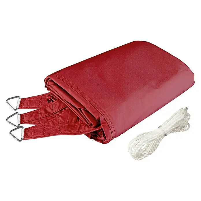 Windhager Sonnensegel Cannes - L x B: 3 x 3 m, Rot, Dreieckig - Produktbild einer gefalteten, roten Sonnensegelplane mit Befestigungsseilen und D-Ring-Befestigungen.
