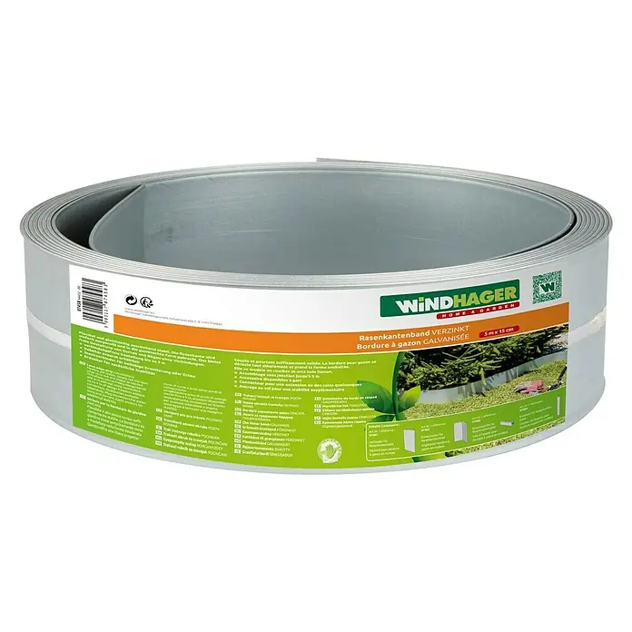 Windhager Rasenkante - 15 cm x 5 m, Befestigung der Rasenkanten, Material: Metall - Bild einer Windhager Rasenkantenband Verzinkt Rolle, ideal für klare Rasenkanten im Garten und eine saubere Beetabgrenzung.