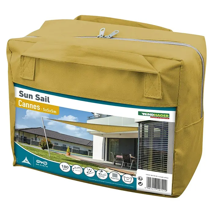 Windhager Sonnensegel Cannes - L x B: 5 x 5 m, Gelb, Dreieckig - Gelbe Windhager Sonnensegel-Verpackung, Modell Cannes 5x5x5m, ideal für den Sonnenschutz im Garten.