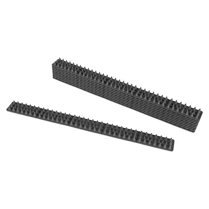Windhager Schädlingsbekämpfung - Außen, L x B x H: 48 cm x 4,3 cm x 1 mm - Nahaufnahme von zwei Reihen Vogelabwehrspikes aus Kunststoff, die verhindern sollen, dass Vögel auf Oberflächen landen.