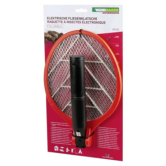 Windhager Elektrische Fliegenklatsche ACCU COMFORT - Fliegen, L x B x H: 40,5 x 21,5 x 4,8 cm - Produktfoto einer elektronischen Fliegenklatsche von Windhager mit rotem Rahmen und schwarzem Griff.