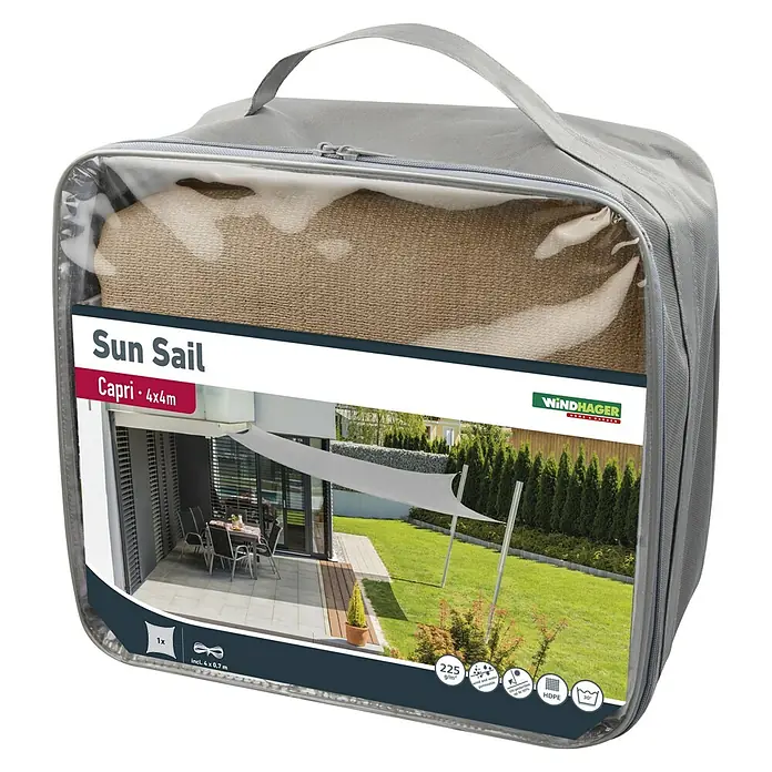 Windhager Sonnensegel Capri - L x B: 4 x 4 m, Quadratisch, Schilf - Verpackung einer Windhager Capri 4x4m Sonnensegel, ideal für den Garten oder die Terrasse, schützt vor Sonne und Hitze.