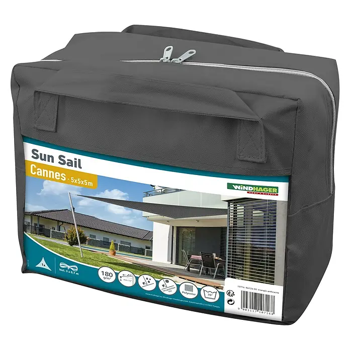Windhager Sonnensegel Cannes - L x B: 5 x 5 m, Anthrazit, Dreieckig - Bild eines verpackten Windhager Sonnensegels Cannes in Anthrazit, dreieckig, 5x5x5m, mit UV-Schutz 50+ und waschbar bis 30 Grad.