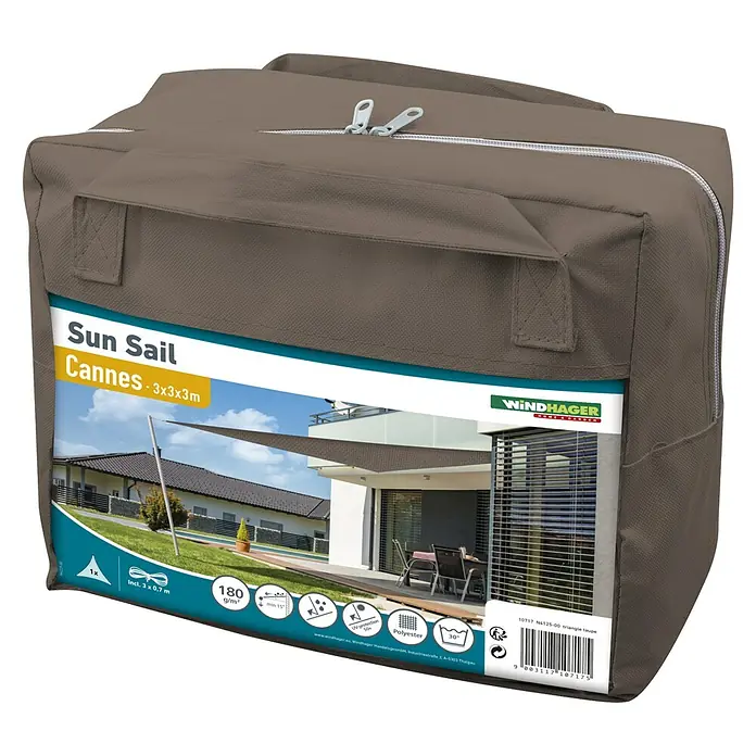 Windhager Sonnensegel Cannes - L x B: 3 x 3 m, Taupe, Dreieckig - Bild eines verpackten Windhager Sonnensegels Cannes 3x3x3m. Das Segel ist braun und wird mit Seilen und UV-Schutz geliefert.